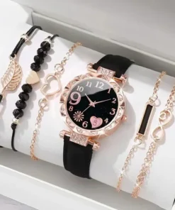 6PCS Set Watch For Women Luxury Leather Analog Ladies Quartz Wrist Watch Fashion Bracelet Watch Set Female Relogio Feminino