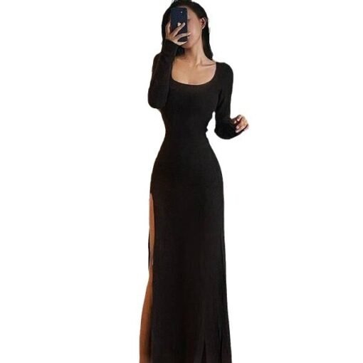 Robe extensible mi-longue à manches longues